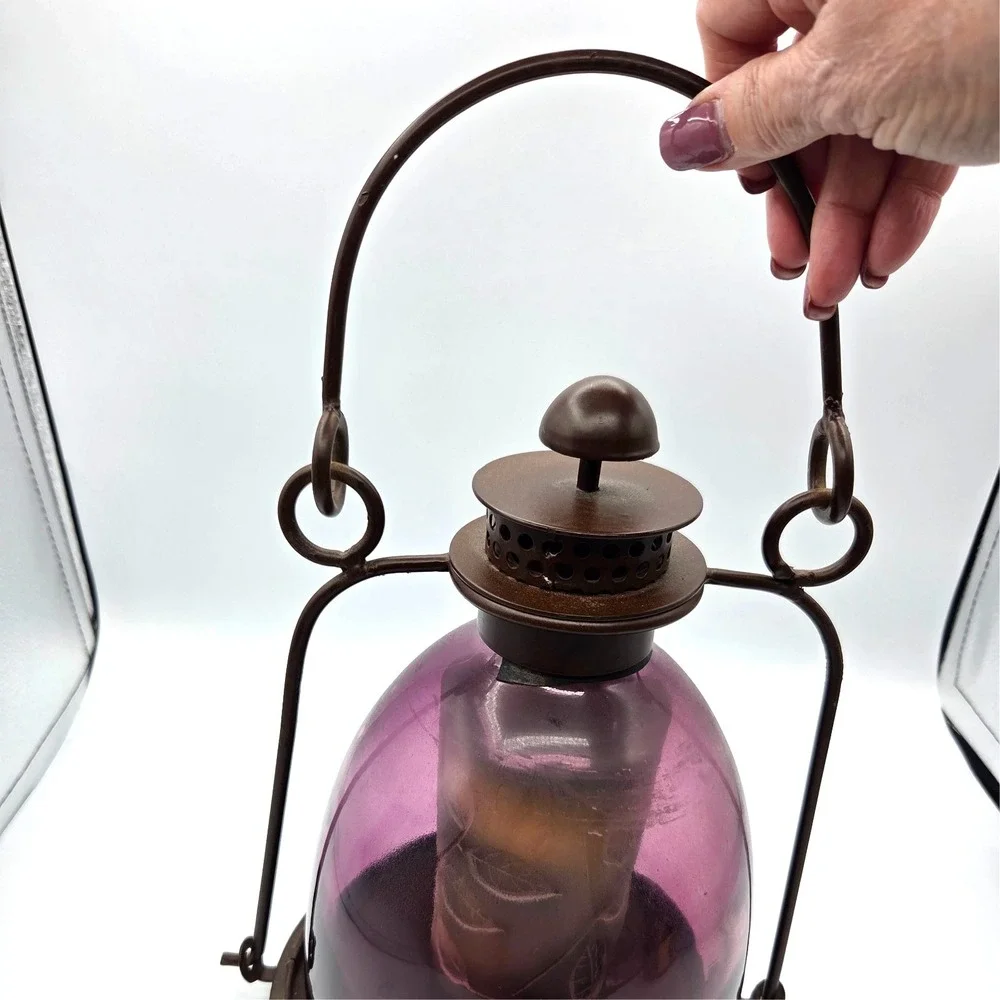 Salvage‎ Purple Rustic Hanging Candle Lantern Glass Barn Farmhouse Made in India